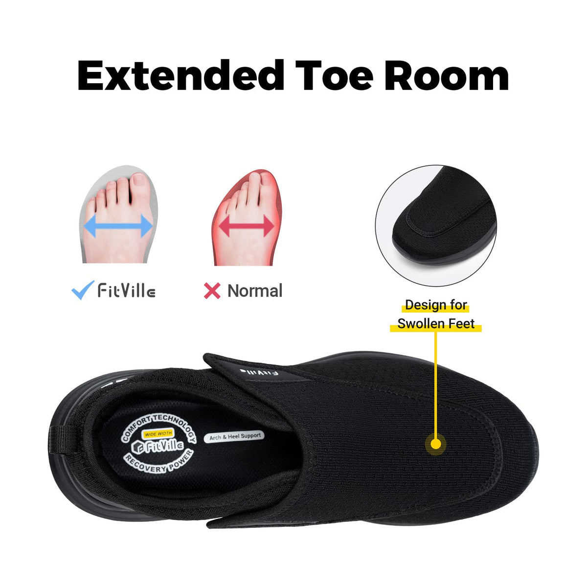 FitVille Diabetic Slipper Extra Wide Black X-Wide Shoes Size 12 US NEW