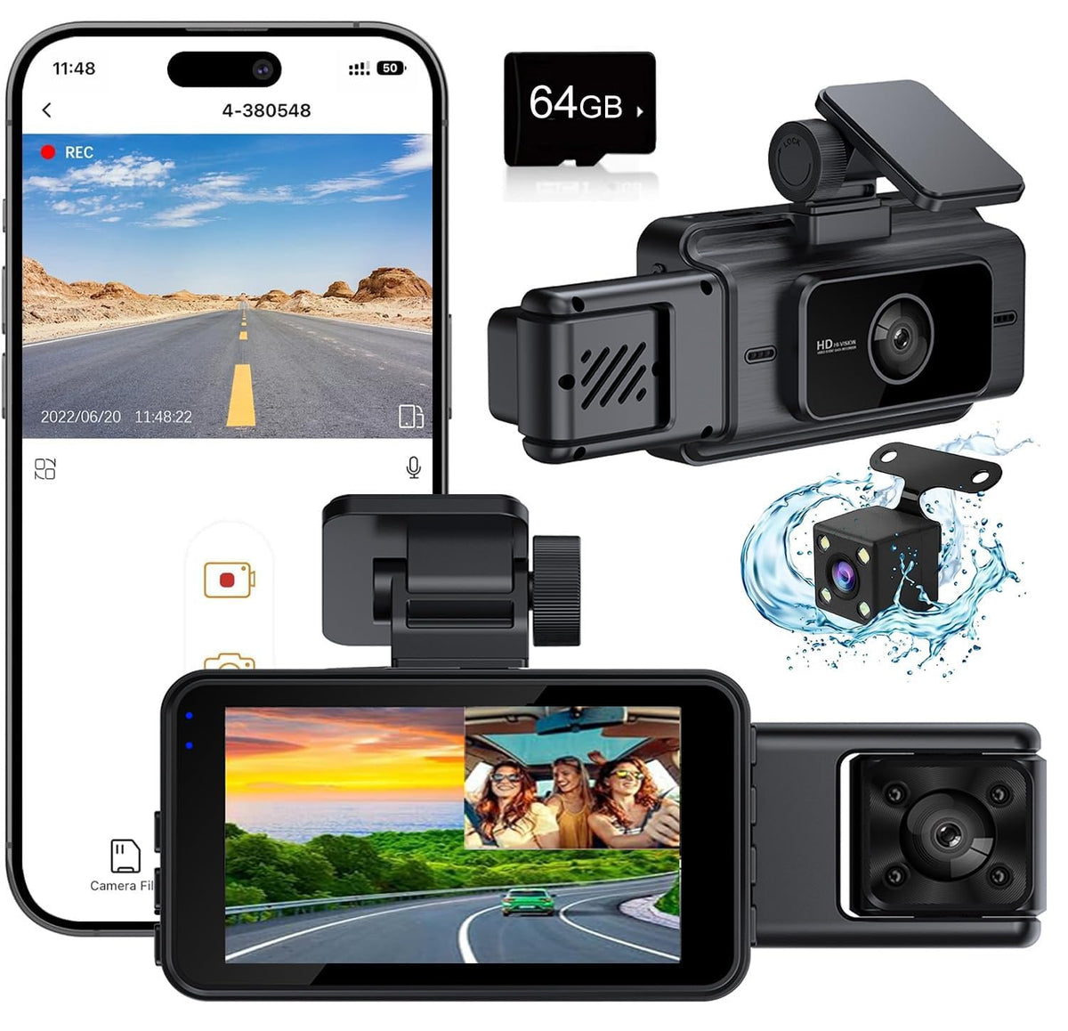 XICEN 3 On-Dash-Monitoring Channel Dash Cam Front and Rear 64GB Card Black DEMO