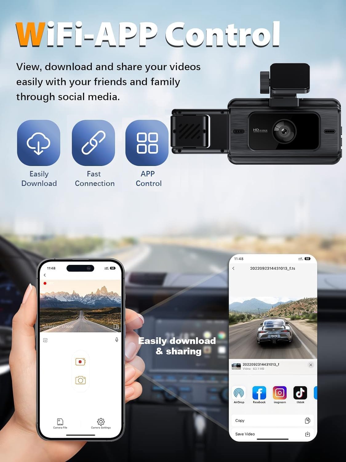 XICEN 3 On-Dash-Monitoring Channel Dash Cam Front and Rear 64GB Card Black DEMO