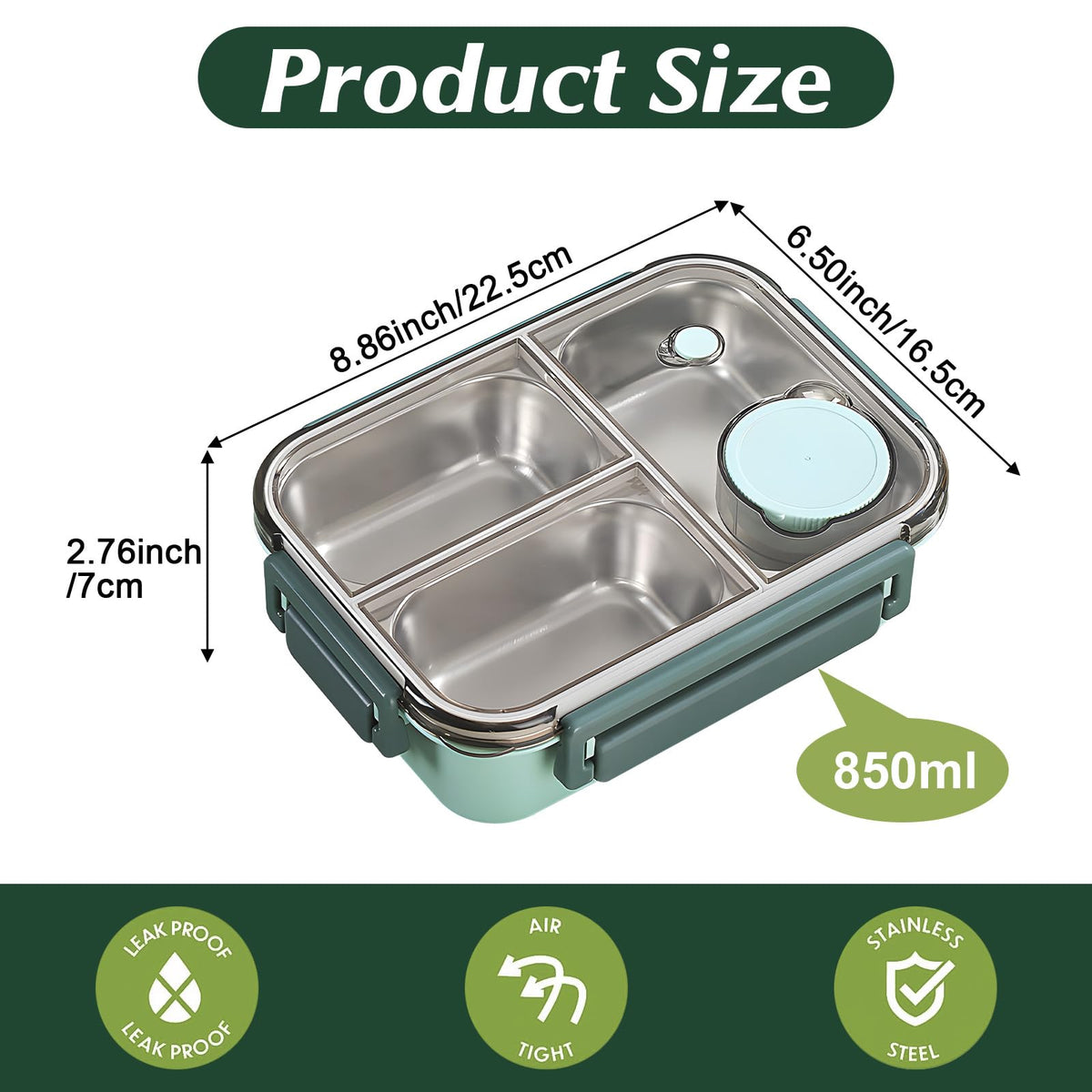 Pearyaest Stainless Steel Bento Lunch Box 3 Compartments Green NEW