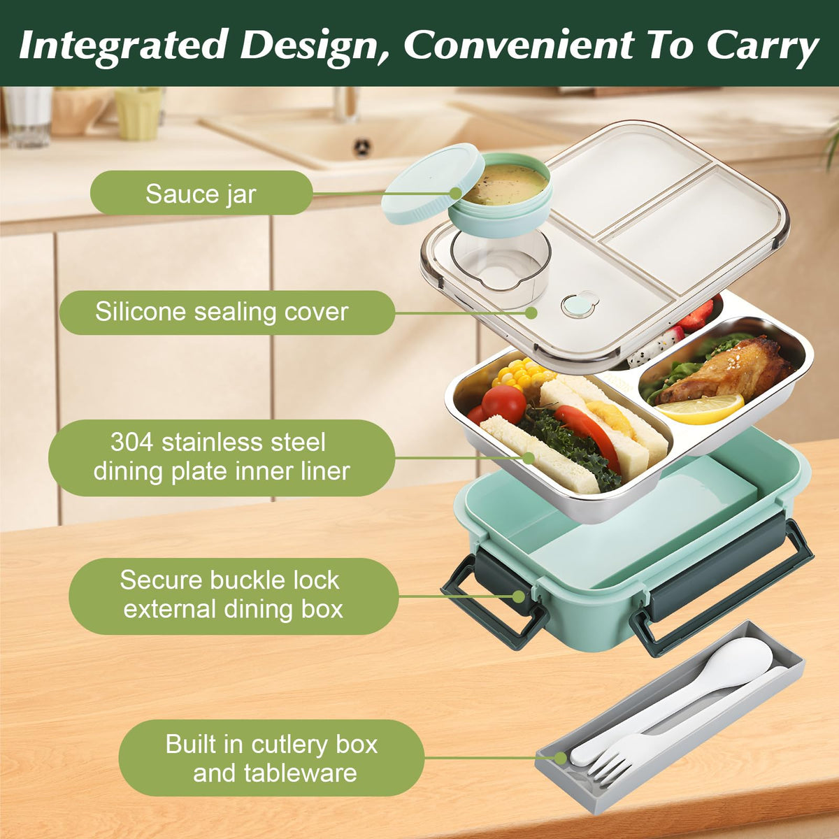 Pearyaest Stainless Steel Bento Lunch Box 3 Compartments Green NEW
