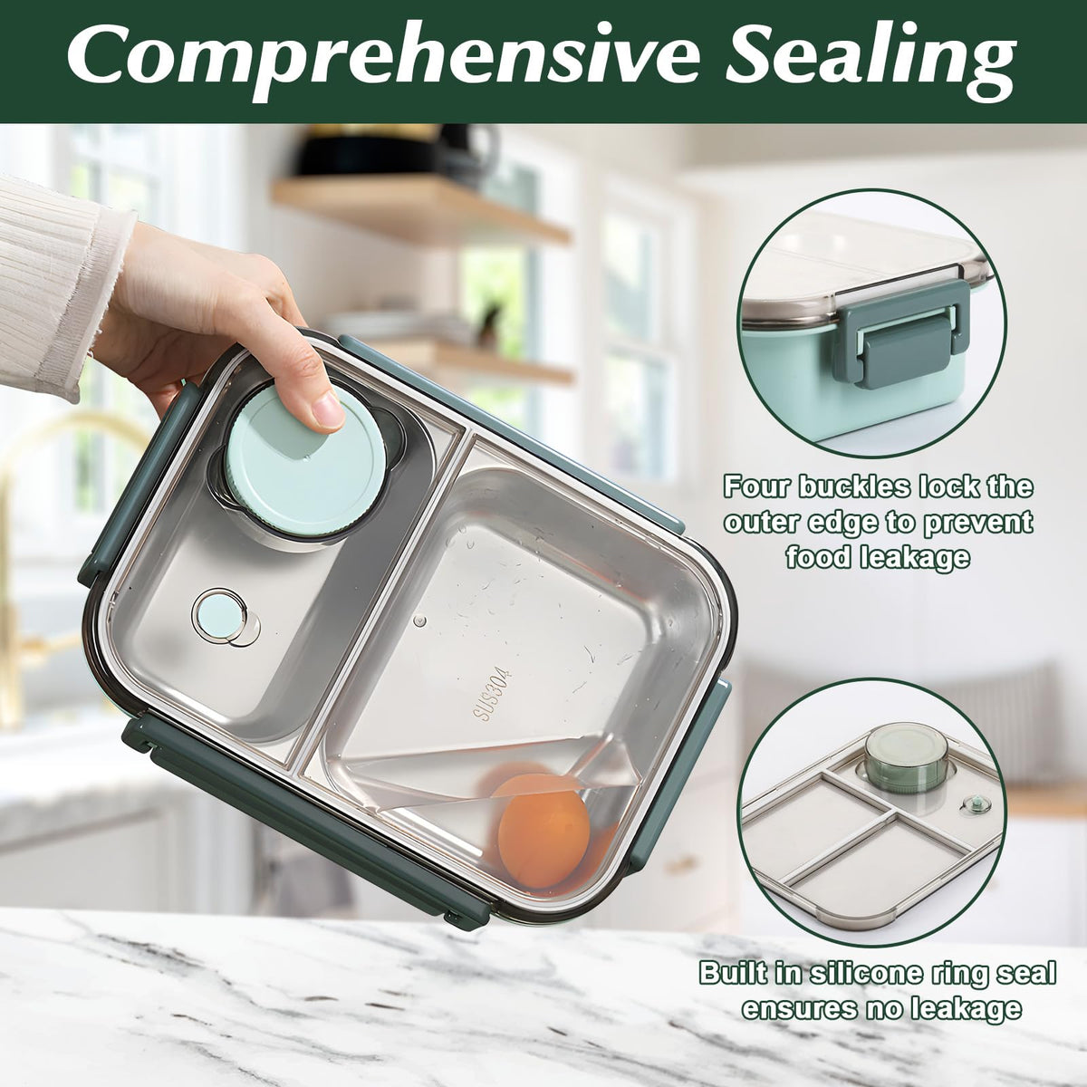 Pearyaest Stainless Steel Bento Lunch Box 3 Compartments Green NEW