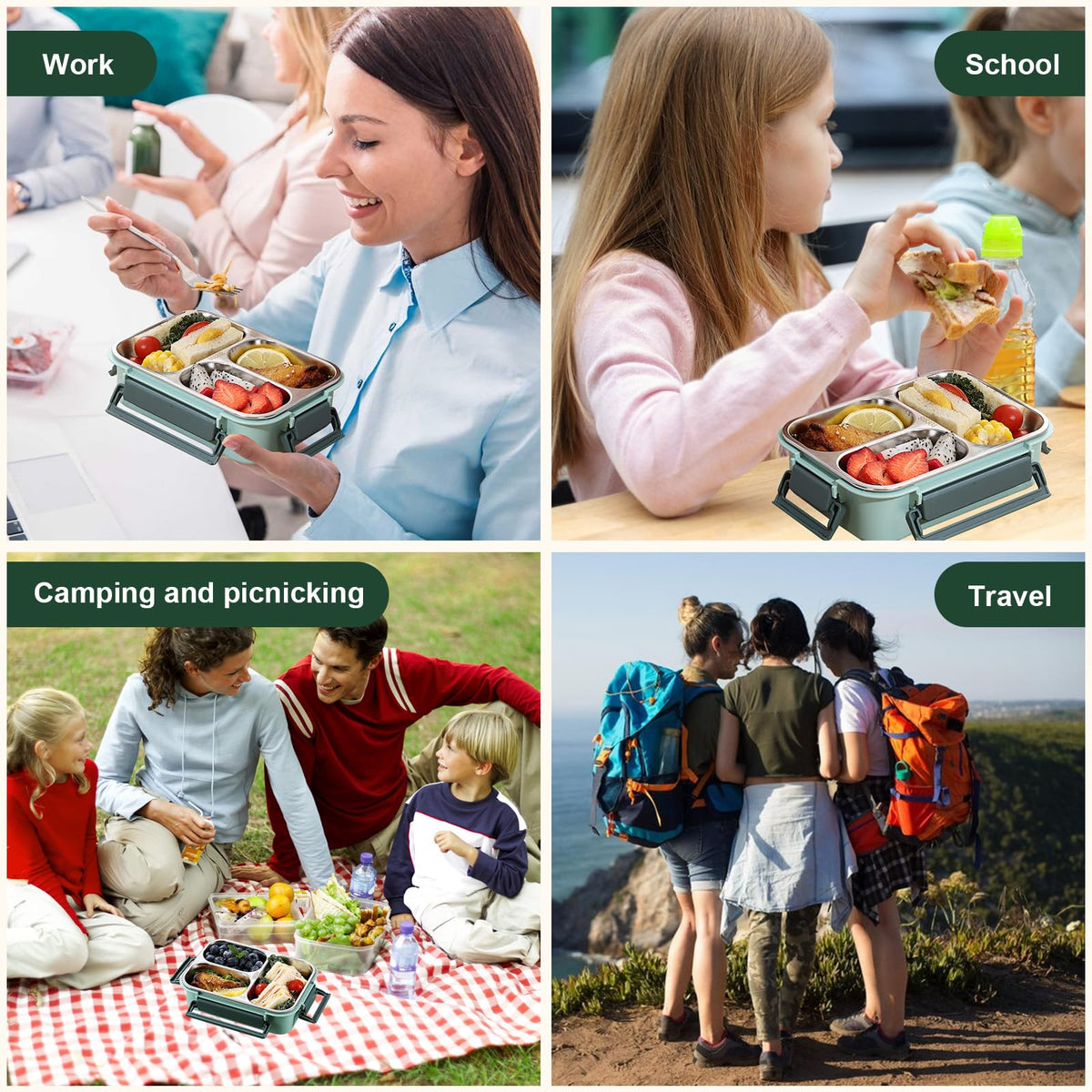 Pearyaest Stainless Steel Bento Lunch Box 3 Compartments Green NEW