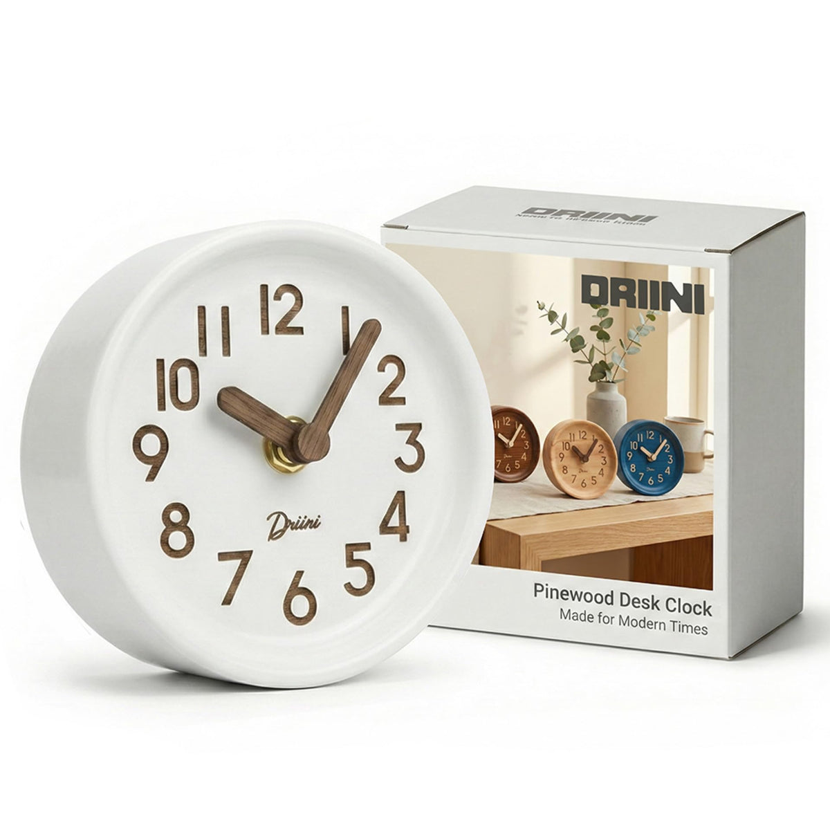 Driini White Clocks Wooden Desk Clock 11cm - Analogue Ticking Design Size DEMO