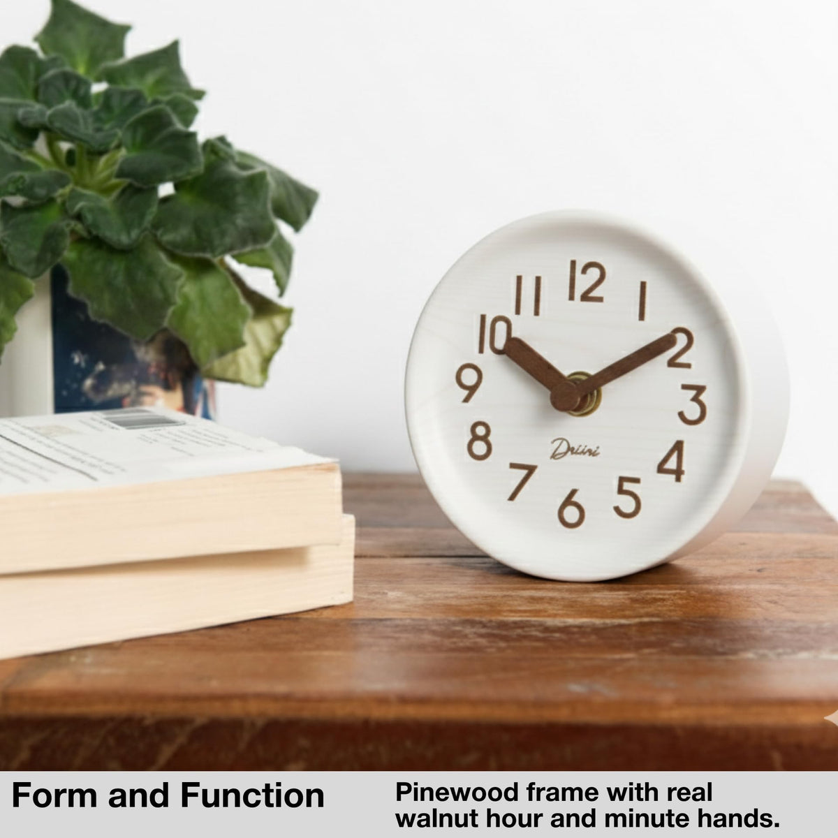 Driini White Clocks Wooden Desk Clock 11cm - Analogue Ticking Design Size DEMO