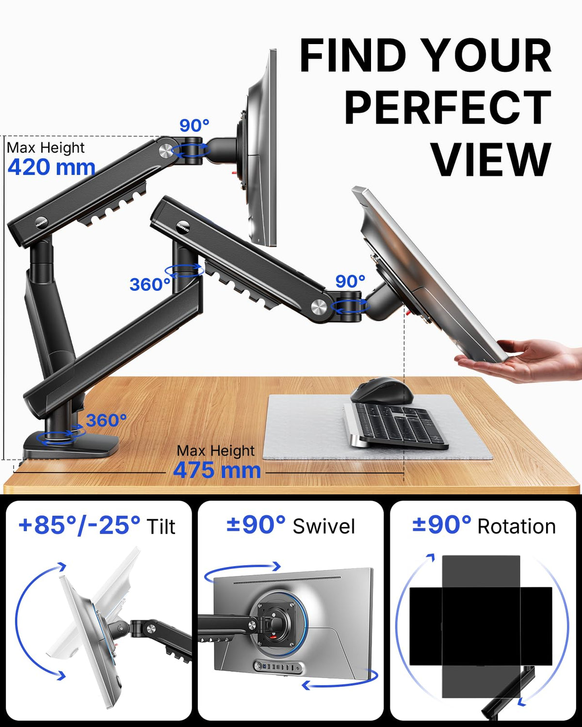 HUANUO FlowLift Pro Dual Monitor Arm for 13-32 Inch - New Black DEMO