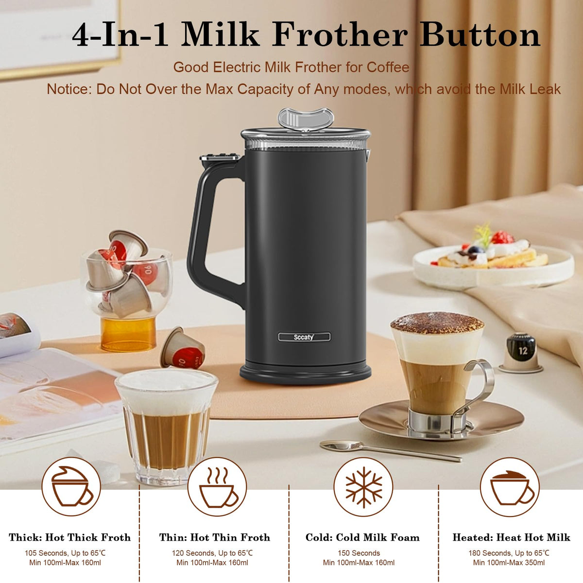 Sccaty Automatic Milk Frother Electric Foam Maker 4 Modes Black DEMO