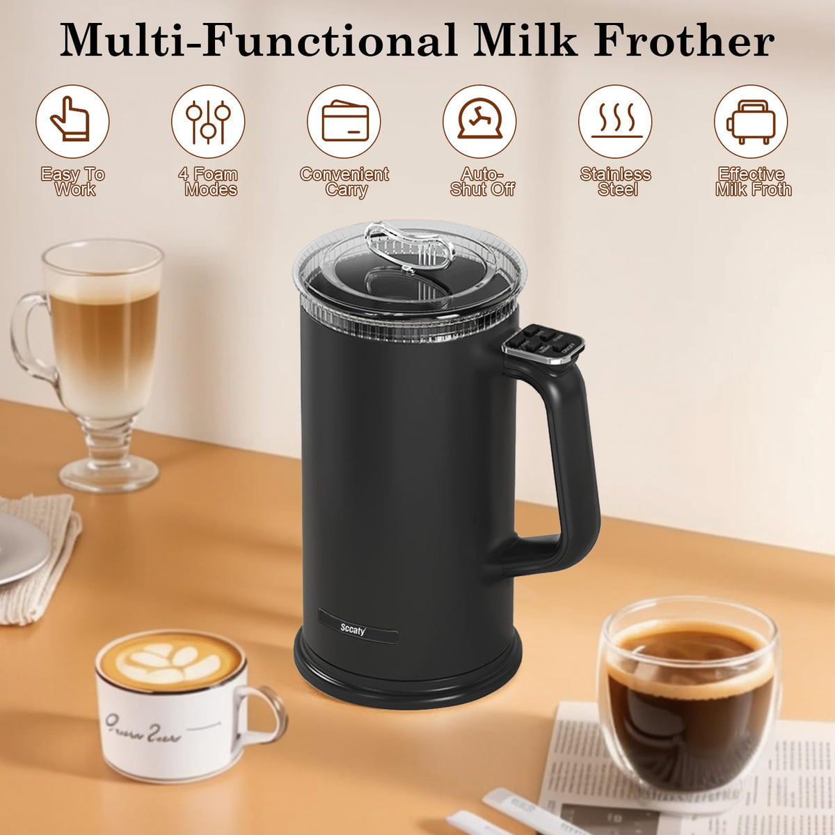 Sccaty Automatic Milk Frother Electric Foam Maker 4 Modes Black DEMO