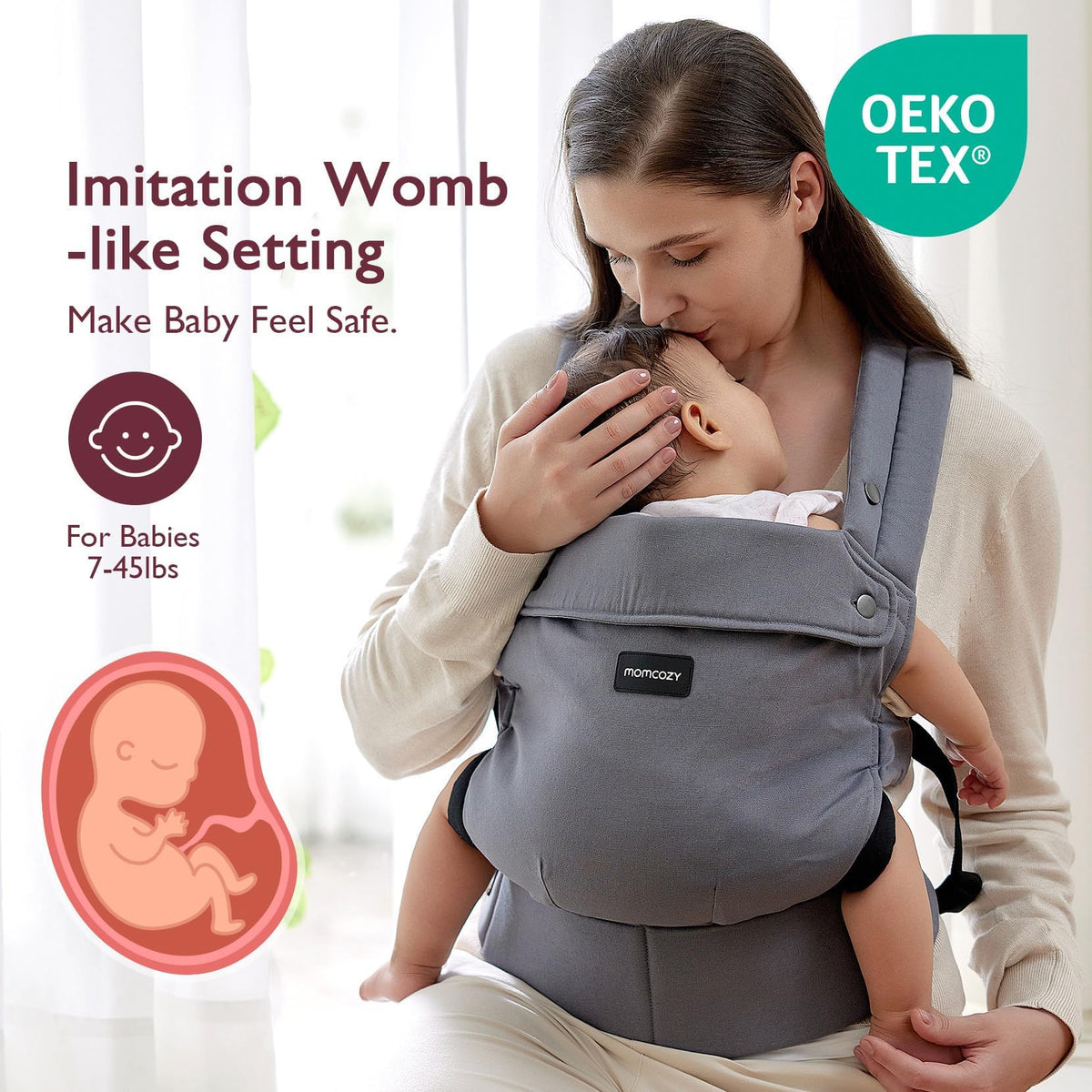 Momcozy PureHug Ergonomic Baby Carrier Grey Lightweight 7-45 lbs NEW