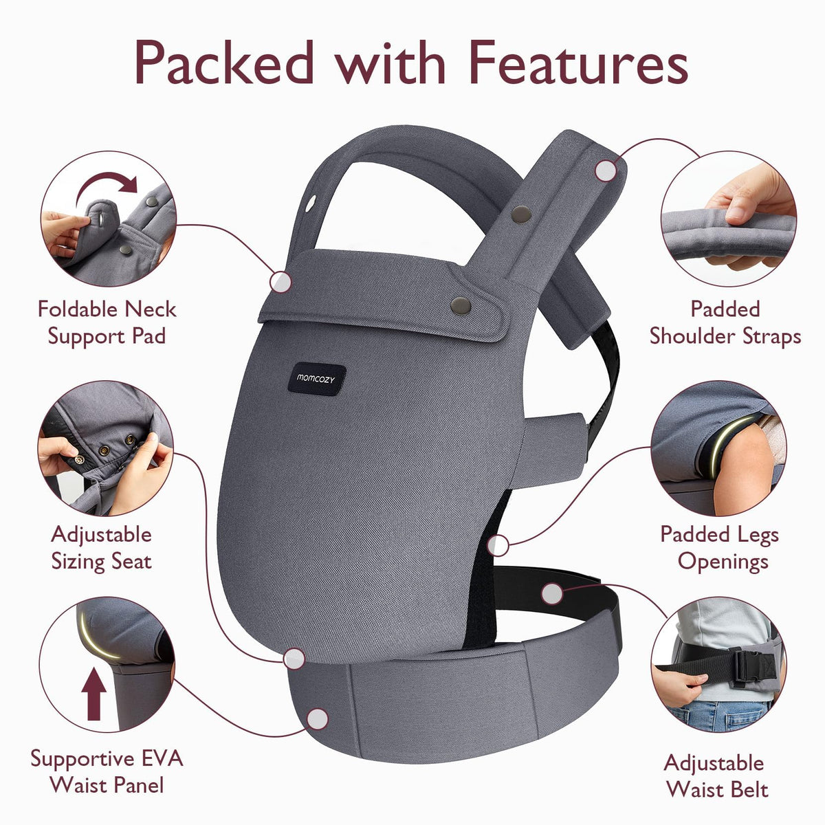 Momcozy PureHug Ergonomic Baby Carrier Grey Lightweight 7-45 lbs NEW