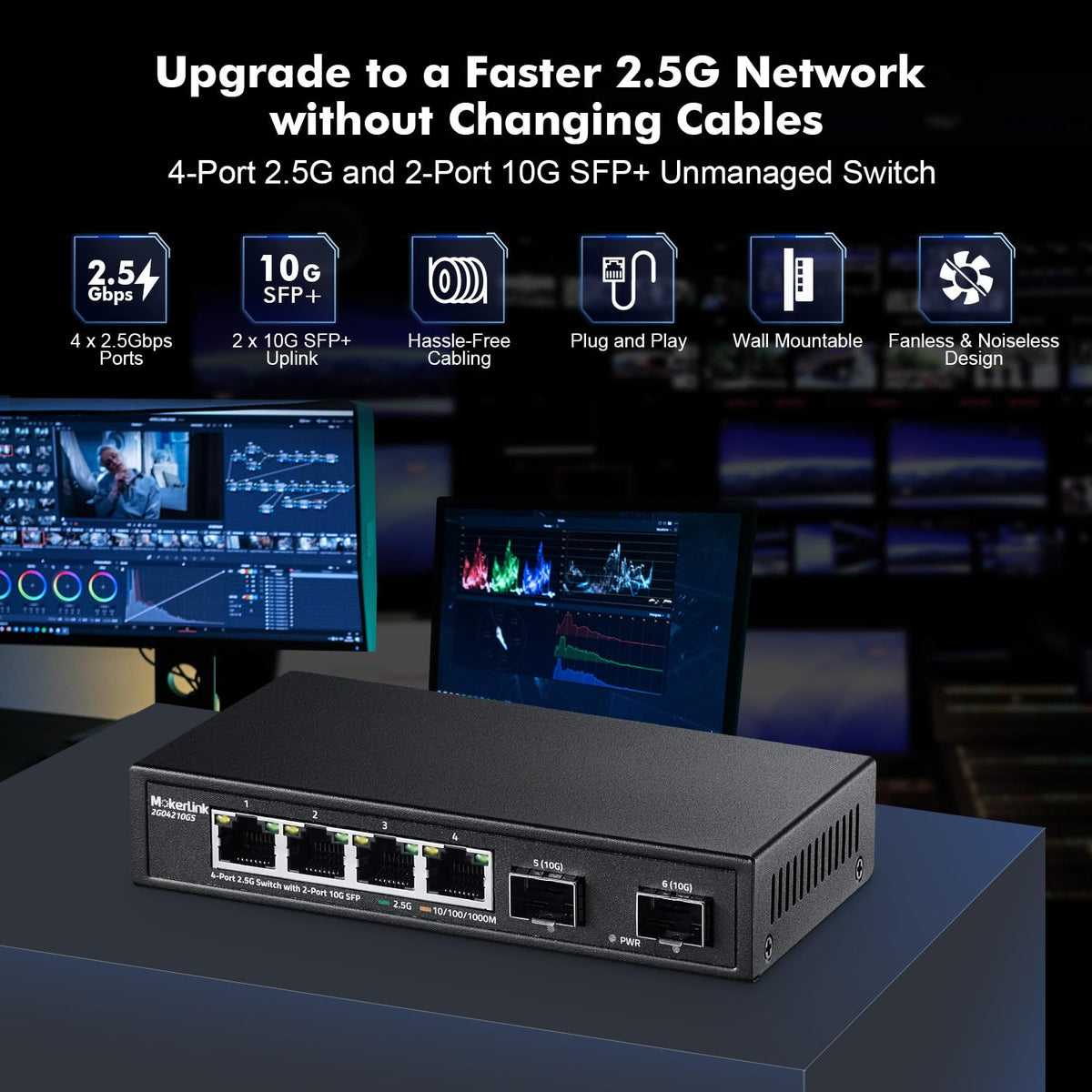MokerLink 4 Network Switches Port 2.5G Ethernet Switch 10G SFP Black NEW