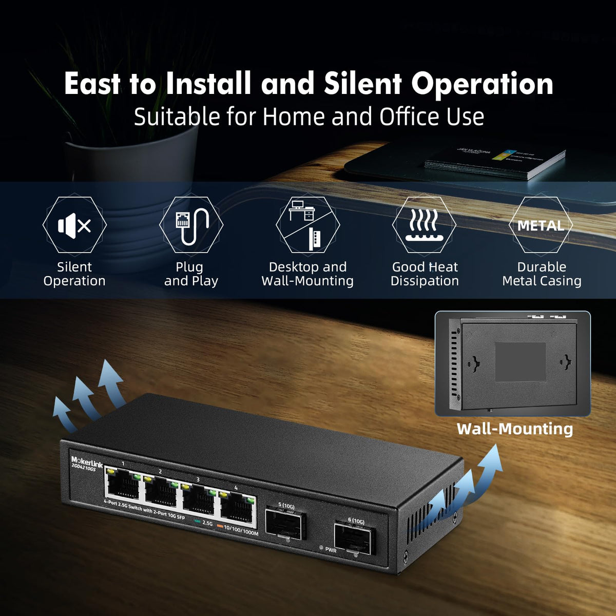 MokerLink 4 Network Switches Port 2.5G Ethernet Switch 10G SFP Black NEW