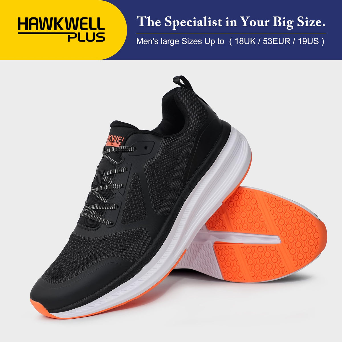 Hawkwell Road Running Shoes Wide Toe Box Black Orange Men US 18 EU52 DEMO