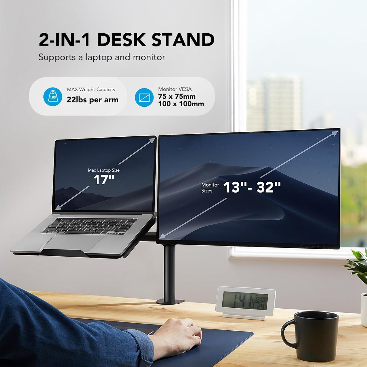 HUANUO Dual Monitor Stand with Laptop Tray - Black Alloy Steel NEW