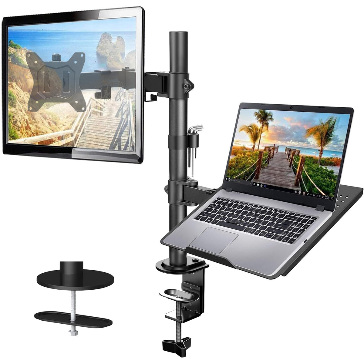 HUANUO Dual Monitor Stand with Laptop Tray - Black Alloy Steel NEW