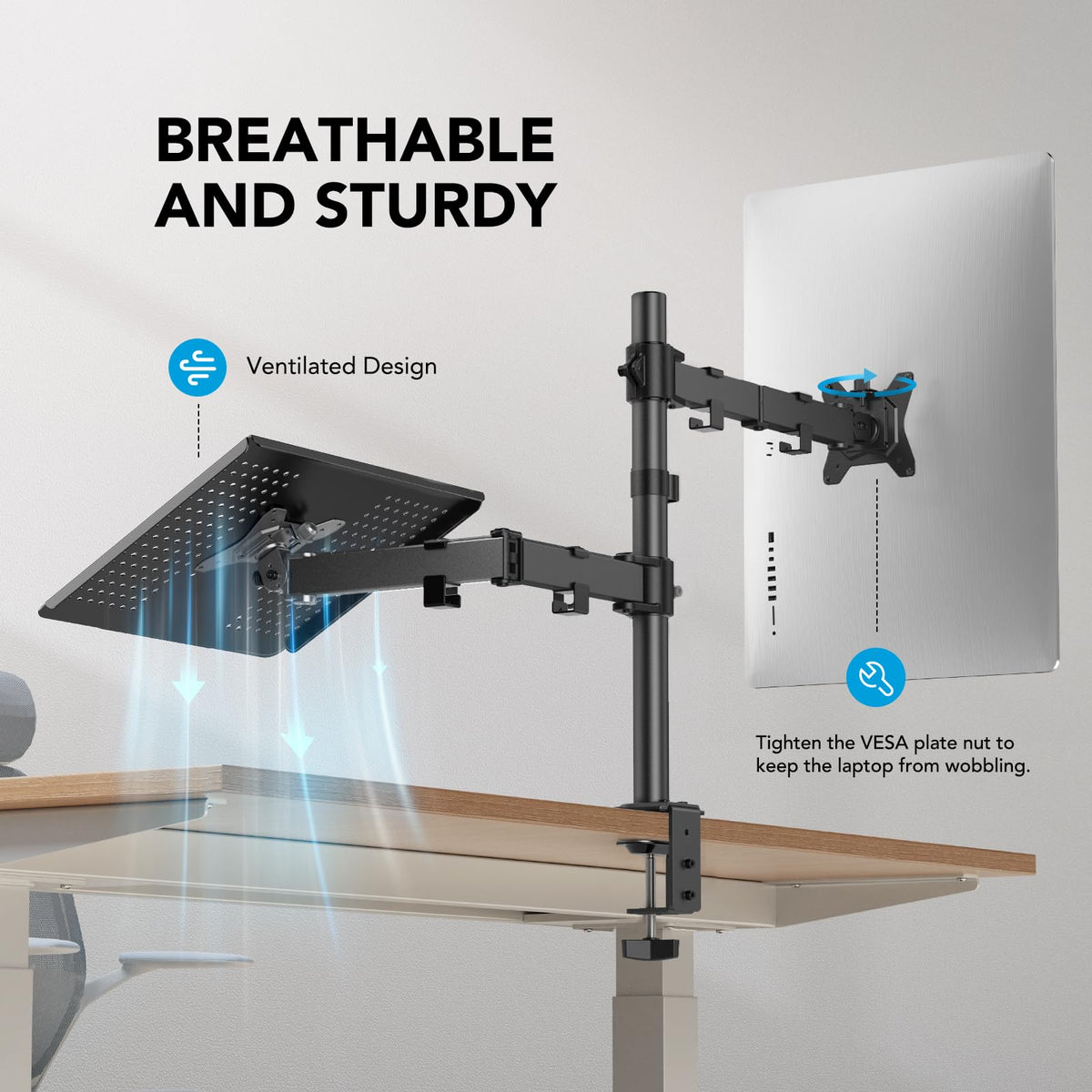 HUANUO Dual Monitor Stand with Laptop Tray - Black Alloy Steel NEW