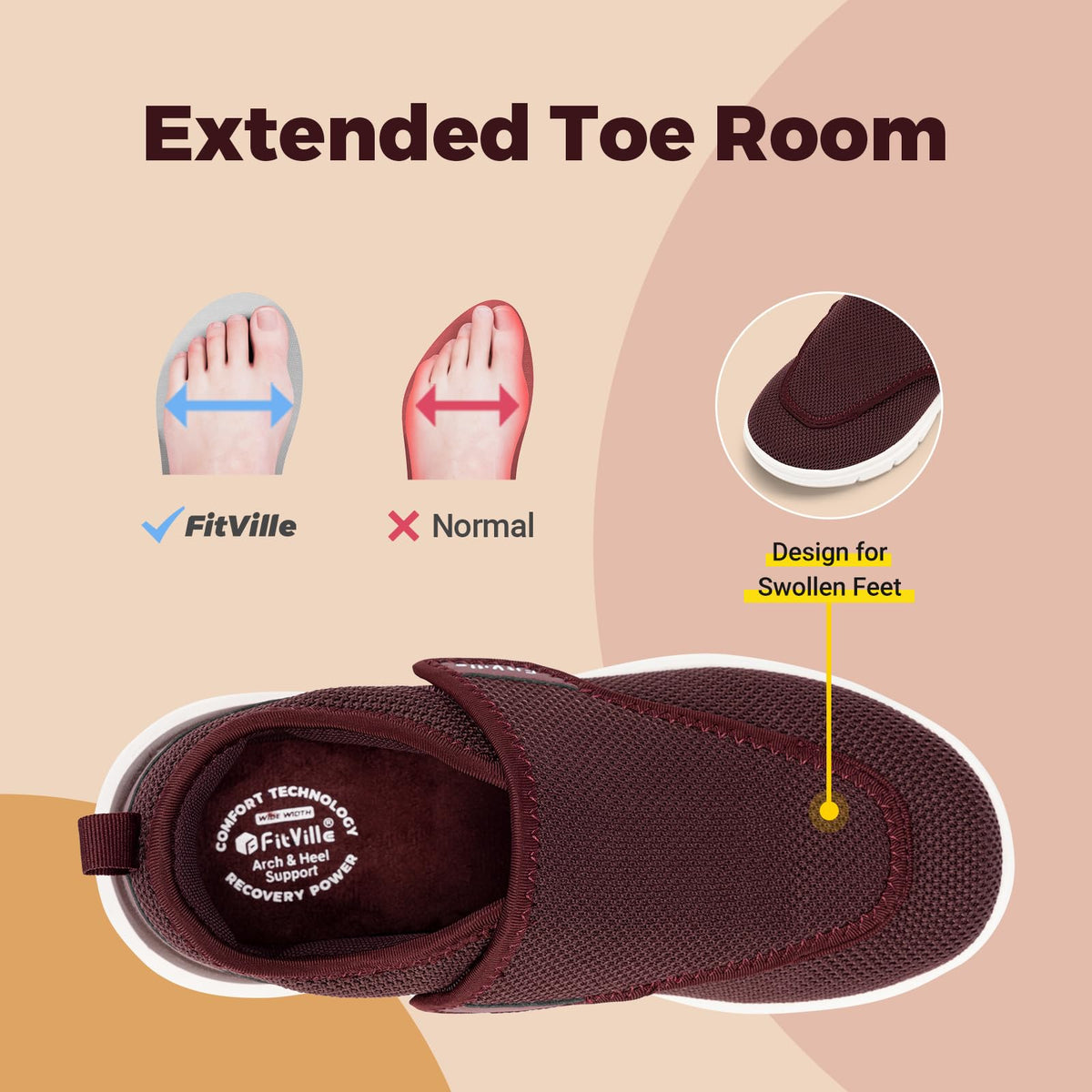 FitVille Diabetic Shoes Burgundy Orthopedic Foot Care EXTRA WIDE Womens US 9 NEW