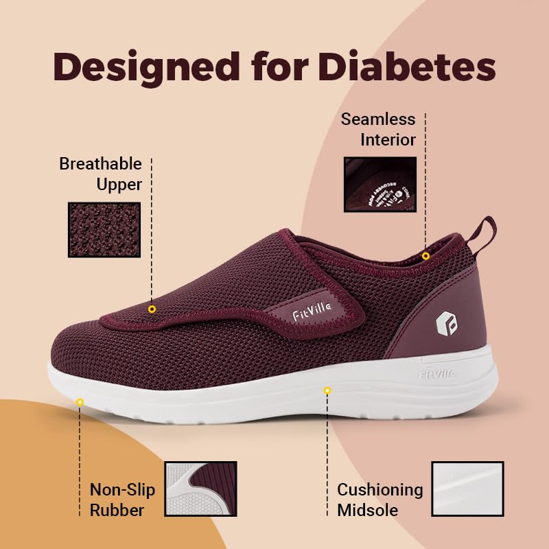 FitVille Diabetic Shoes Burgundy Orthopedic Foot Care EXTRA WIDE Womens US 9 NEW
