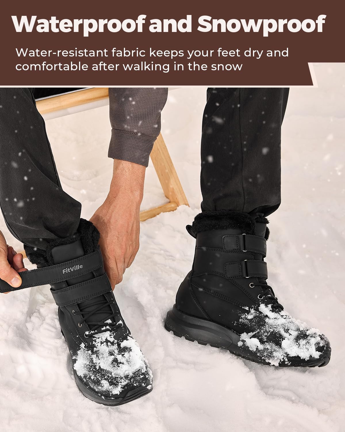 FitVille Snow Boots Water-Resistant Fur Lined Jet Black WIDE FIT Mens US 10 NEW