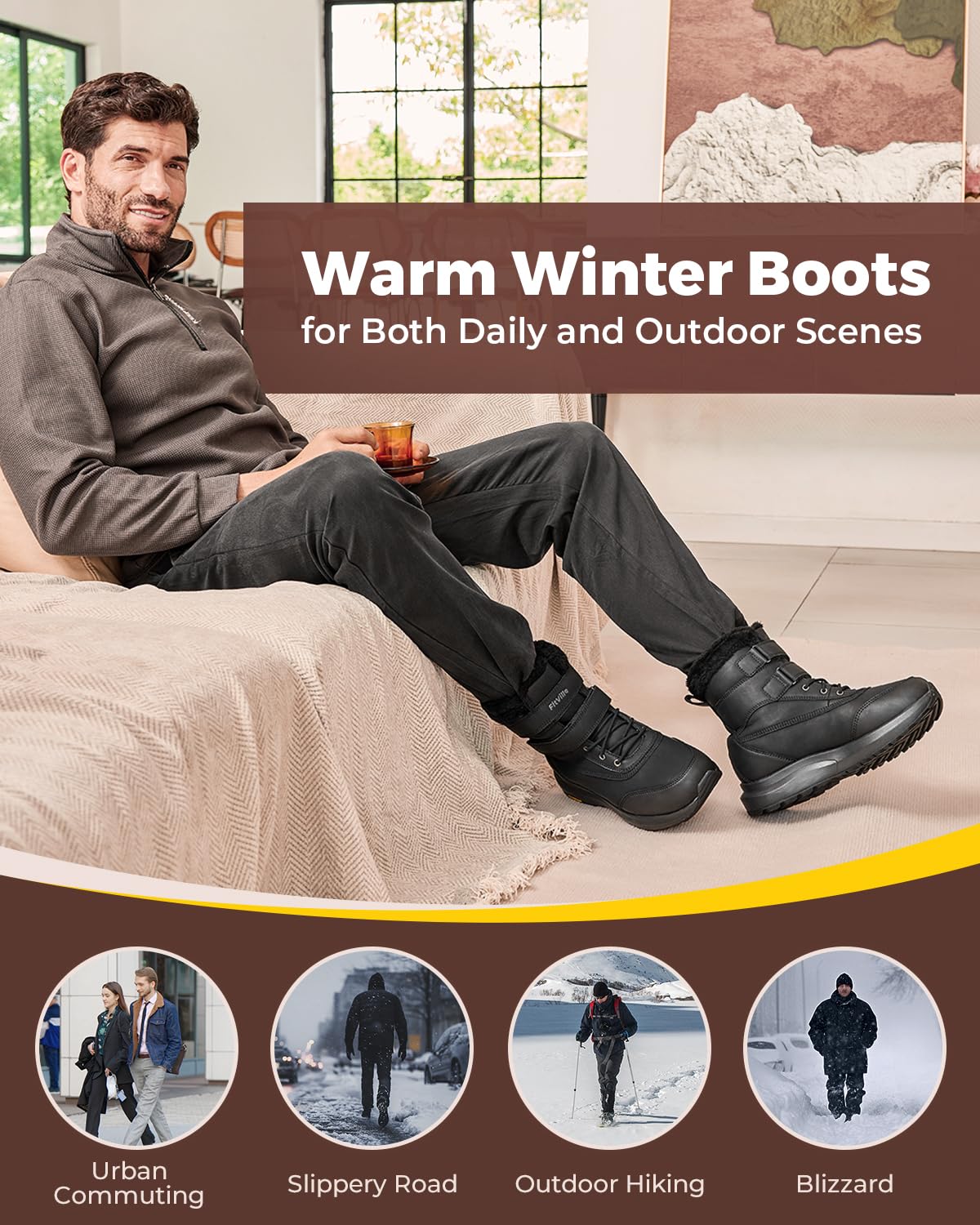 FitVille Snow Boots Water-Resistant Fur Lined Jet Black WIDE FIT Mens US 10 NEW