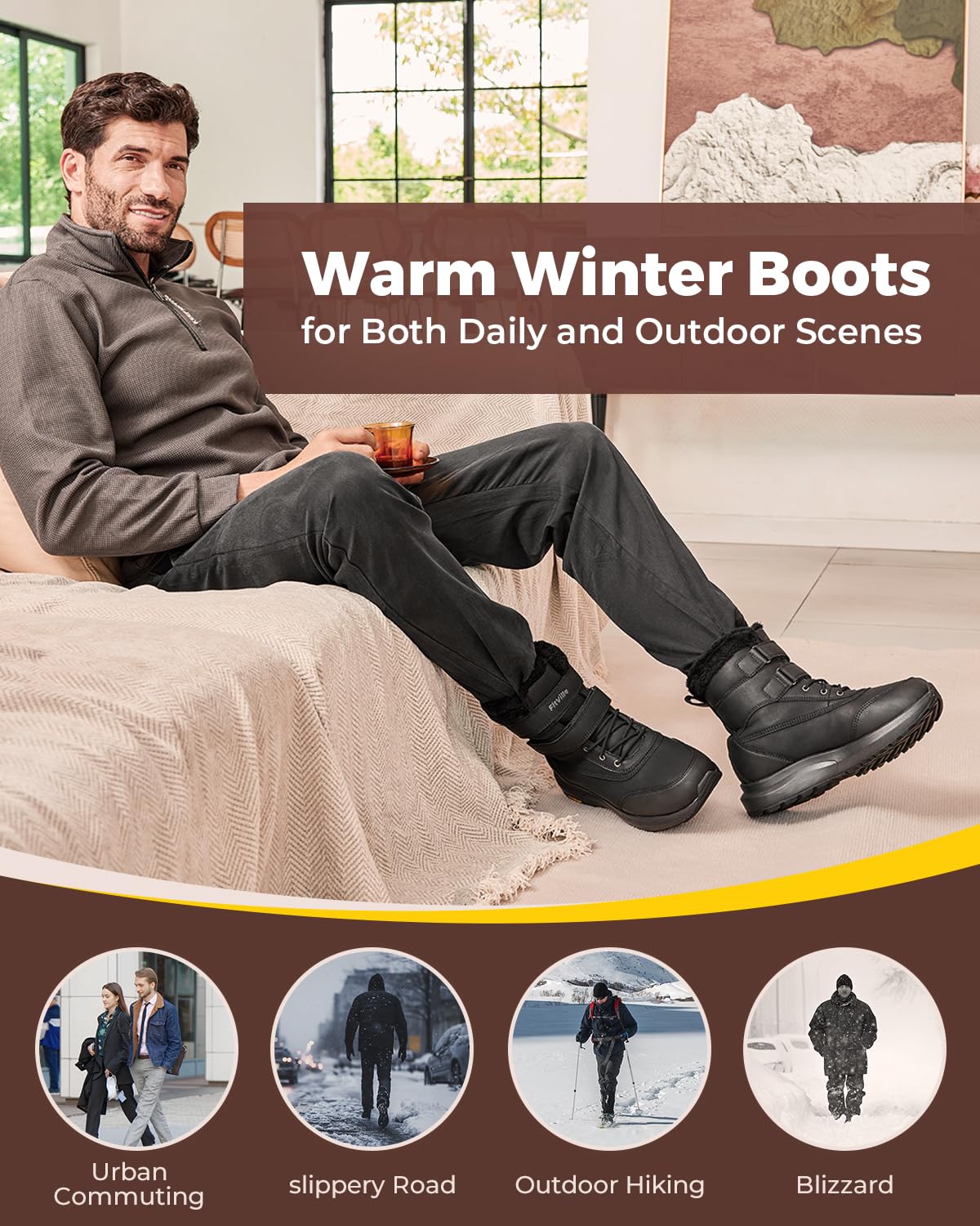 FitVille Snow Boots Water-Resistant Fur Lined Jet Black WIDE FIT Mens US 10 NEW