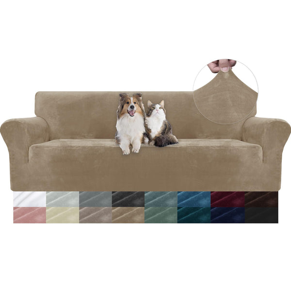 Ystyle High Stretch Sofa Cover 4 Seater Super Soft Camel Velvet Slipcover NEW