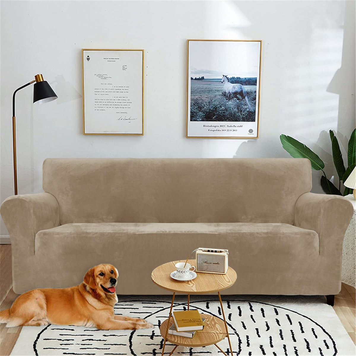 Ystyle High Stretch Sofa Cover 4 Seater Super Soft Camel Velvet Slipcover NEW