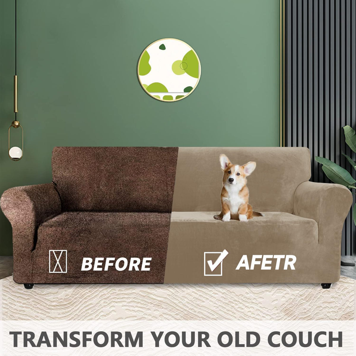Ystyle High Stretch Sofa Cover 4 Seater Super Soft Camel Velvet Slipcover NEW