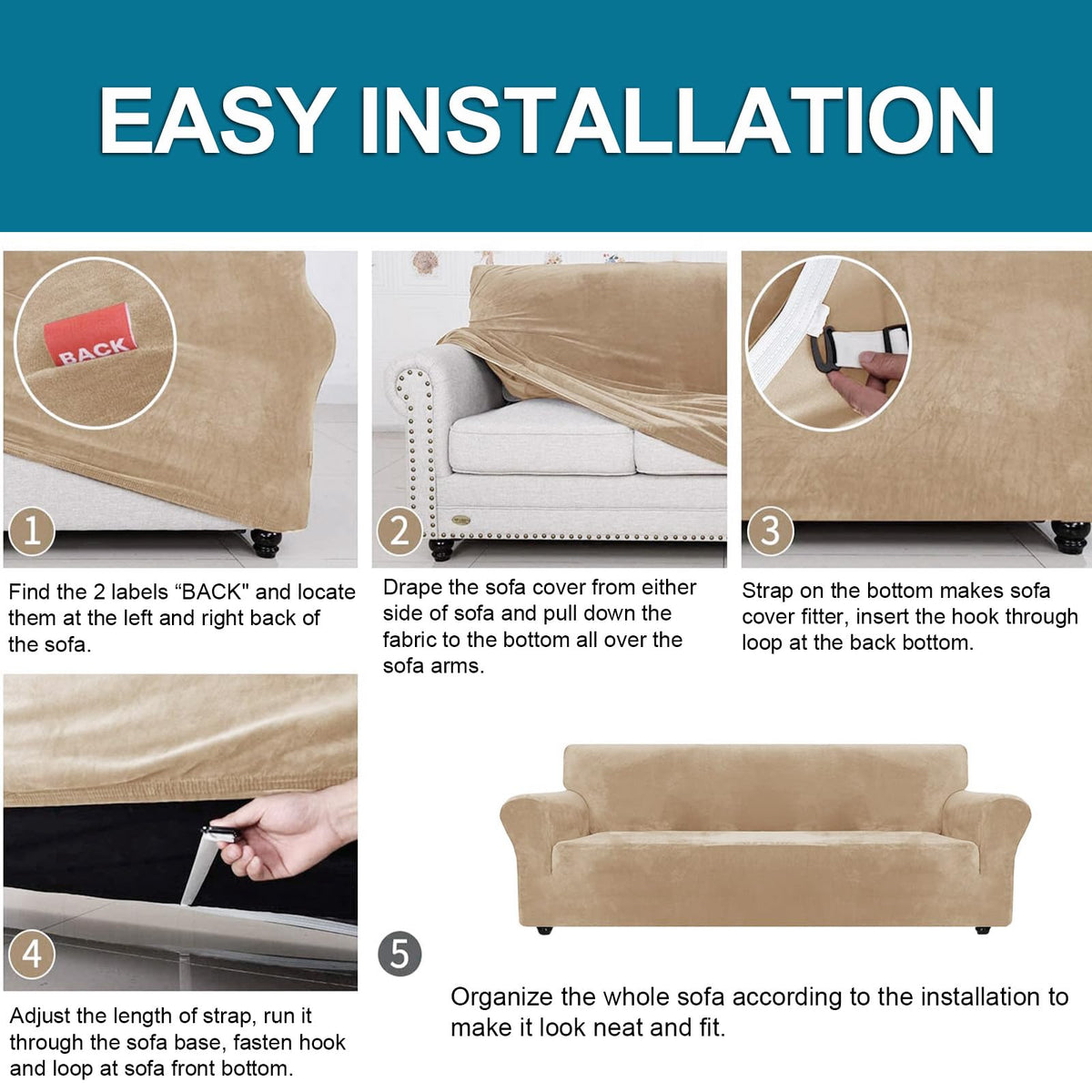 Ystyle High Stretch Sofa Cover 4 Seater Super Soft Camel Velvet Slipcover NEW