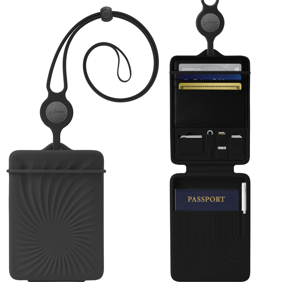 Bone Lanyard Passport Holder Cover Case Travel Wallet - Black NEW