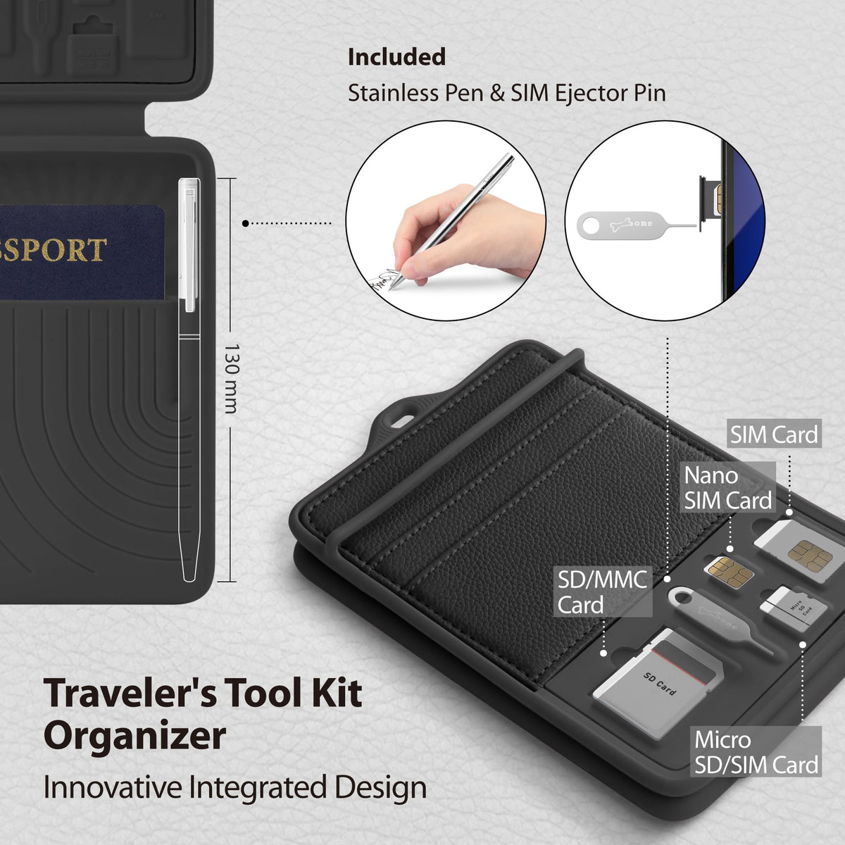 Bone Lanyard Passport Holder Cover Case Travel Wallet - Black NEW