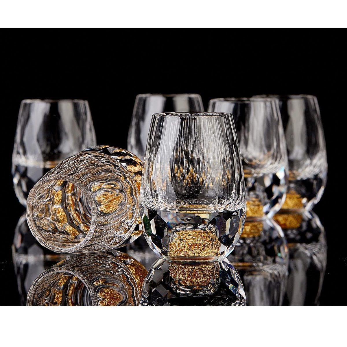 DUJUST Diamond Design Shot Glasses 1.5oz Crystal Set of 6 Gold Sparkle Base NEW