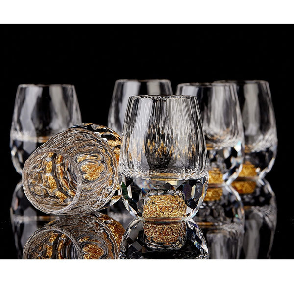 DUJUST Diamond Design Shot Glasses 1.5oz Crystal Set of 6 Gold Sparkle Base NEW