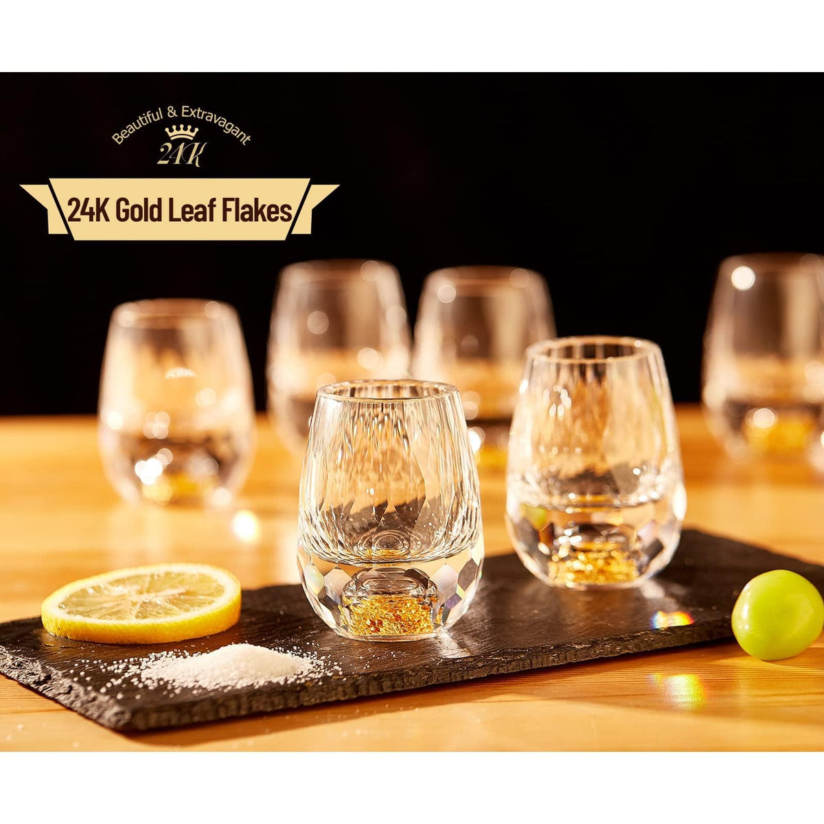 DUJUST Diamond Design Shot Glasses 1.5oz Crystal Set of 6 Gold Sparkle Base NEW