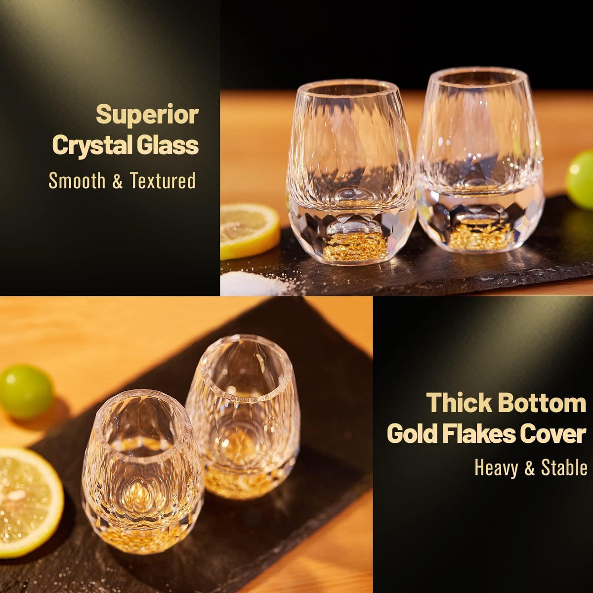 DUJUST Diamond Design Shot Glasses 1.5oz Crystal Set of 6 Gold Sparkle Base NEW