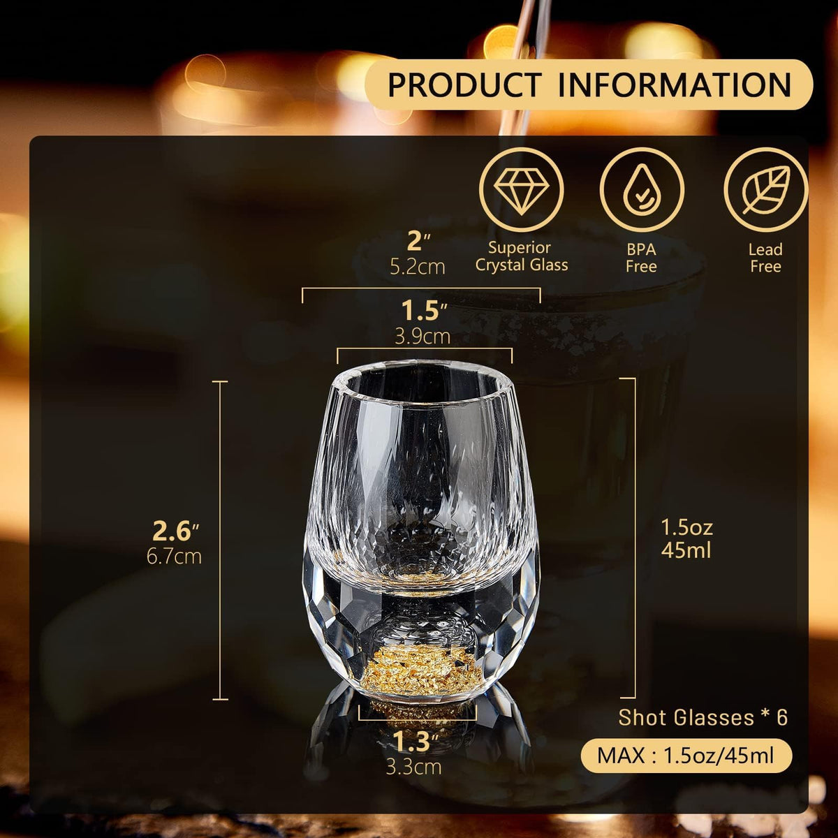 DUJUST Diamond Design Shot Glasses 1.5oz Crystal Set of 6 Gold Sparkle Base NEW