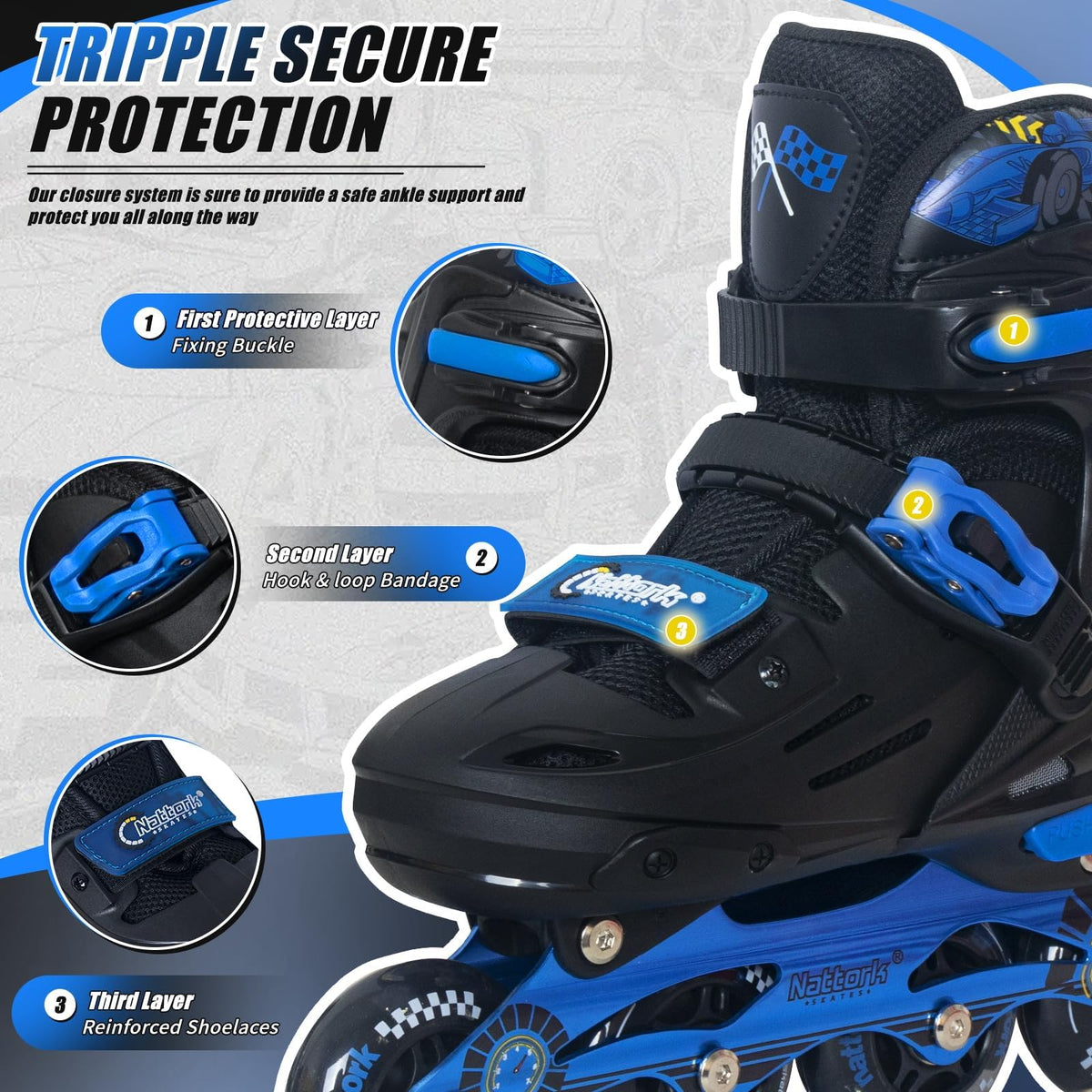 Nattork Kids Inline Skates Small Blue On Black Design Shoes Size Small NEW