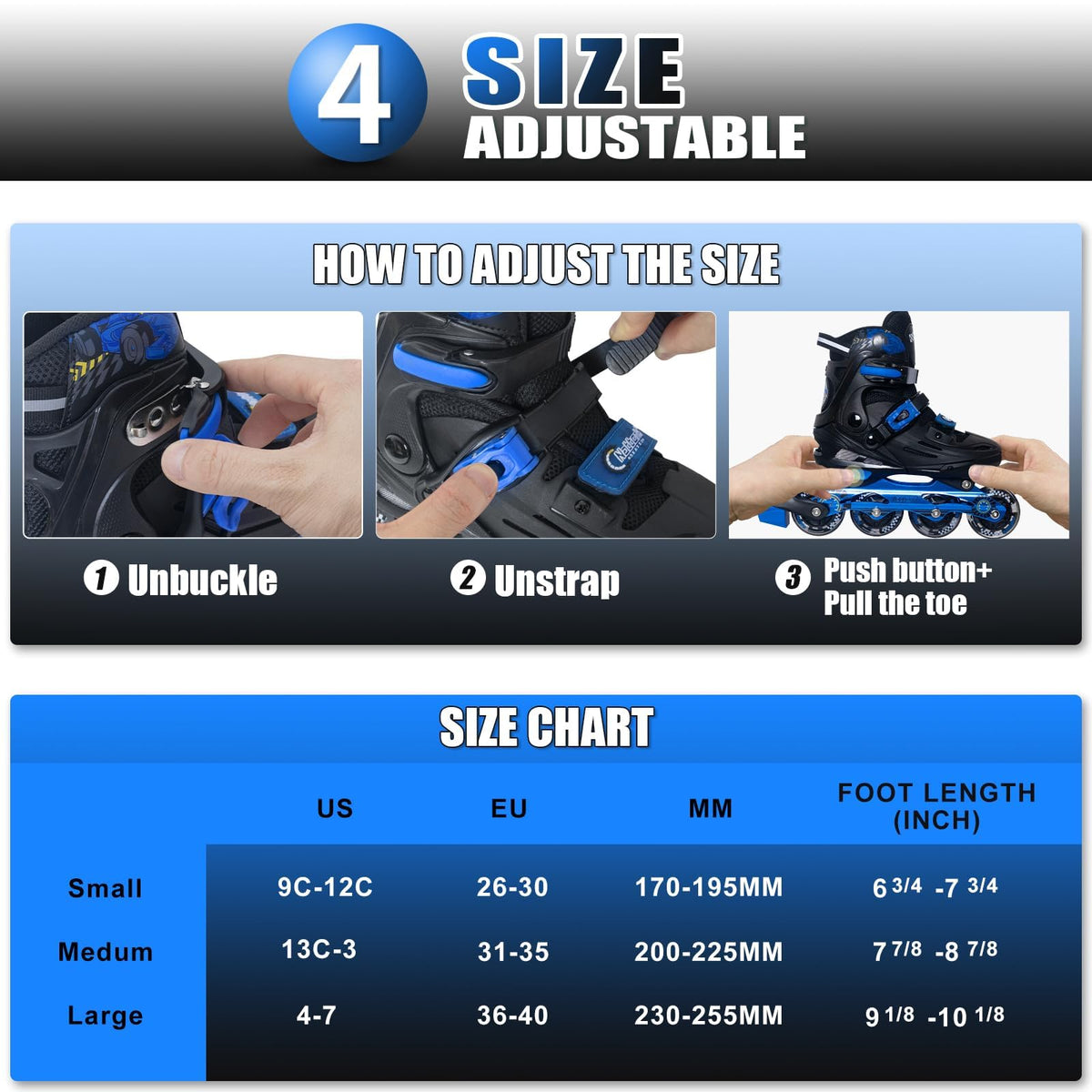 Nattork Kids Inline Skates Small Blue On Black Design Shoes Size Small NEW