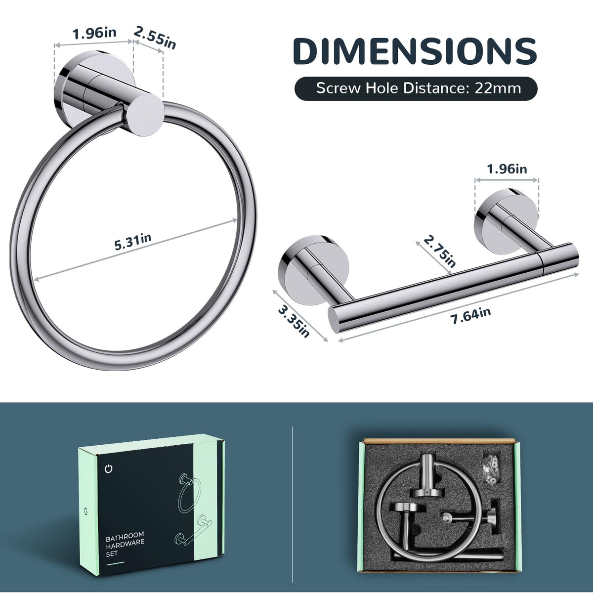 FORIOUS Chrome Toilet Paper Holder and Towel Ring Wall Mount Set AU11901CH NEW