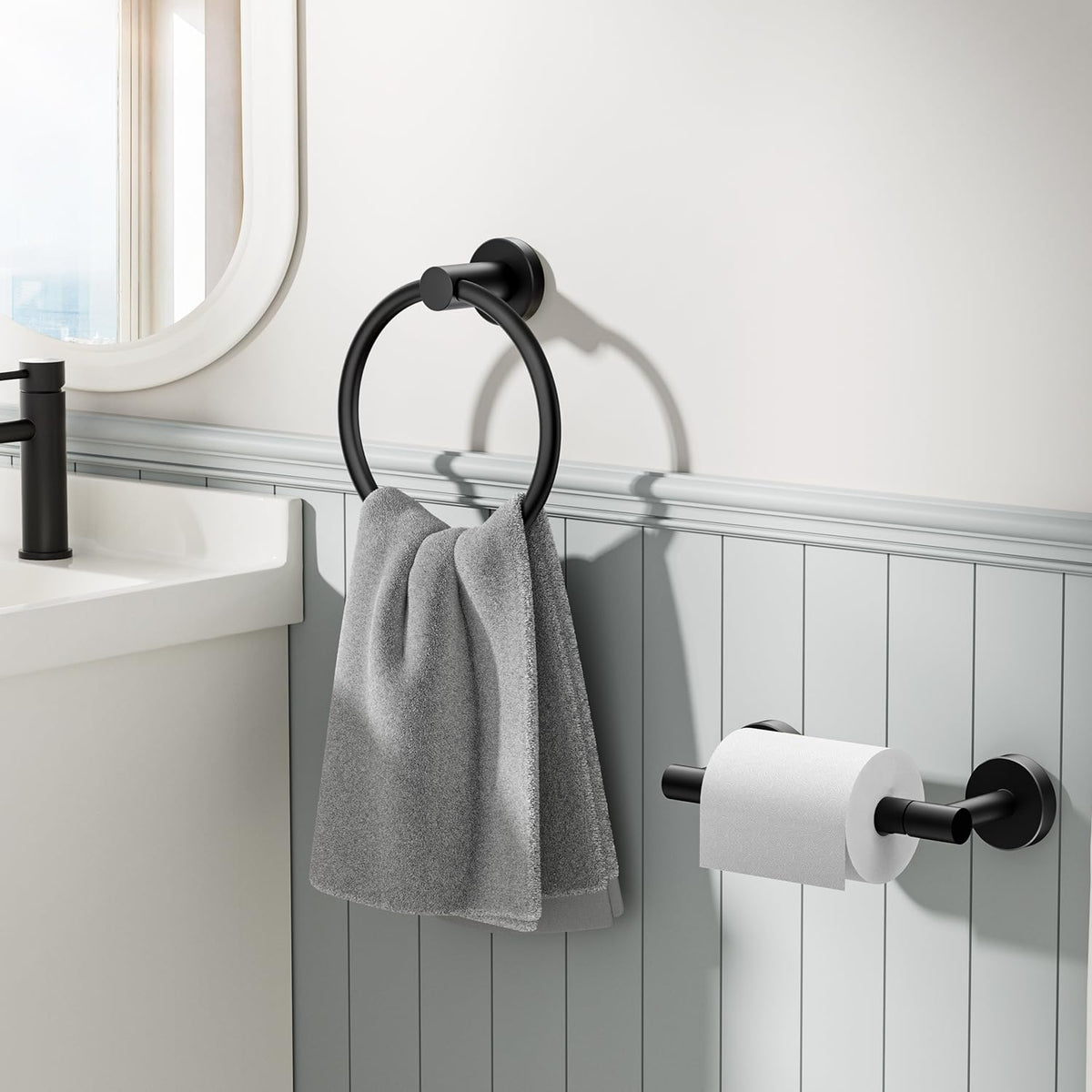 FORIOUS Matte Black Wall Mount Towel & Toilet Paper Holder - Stainless Steel NEW