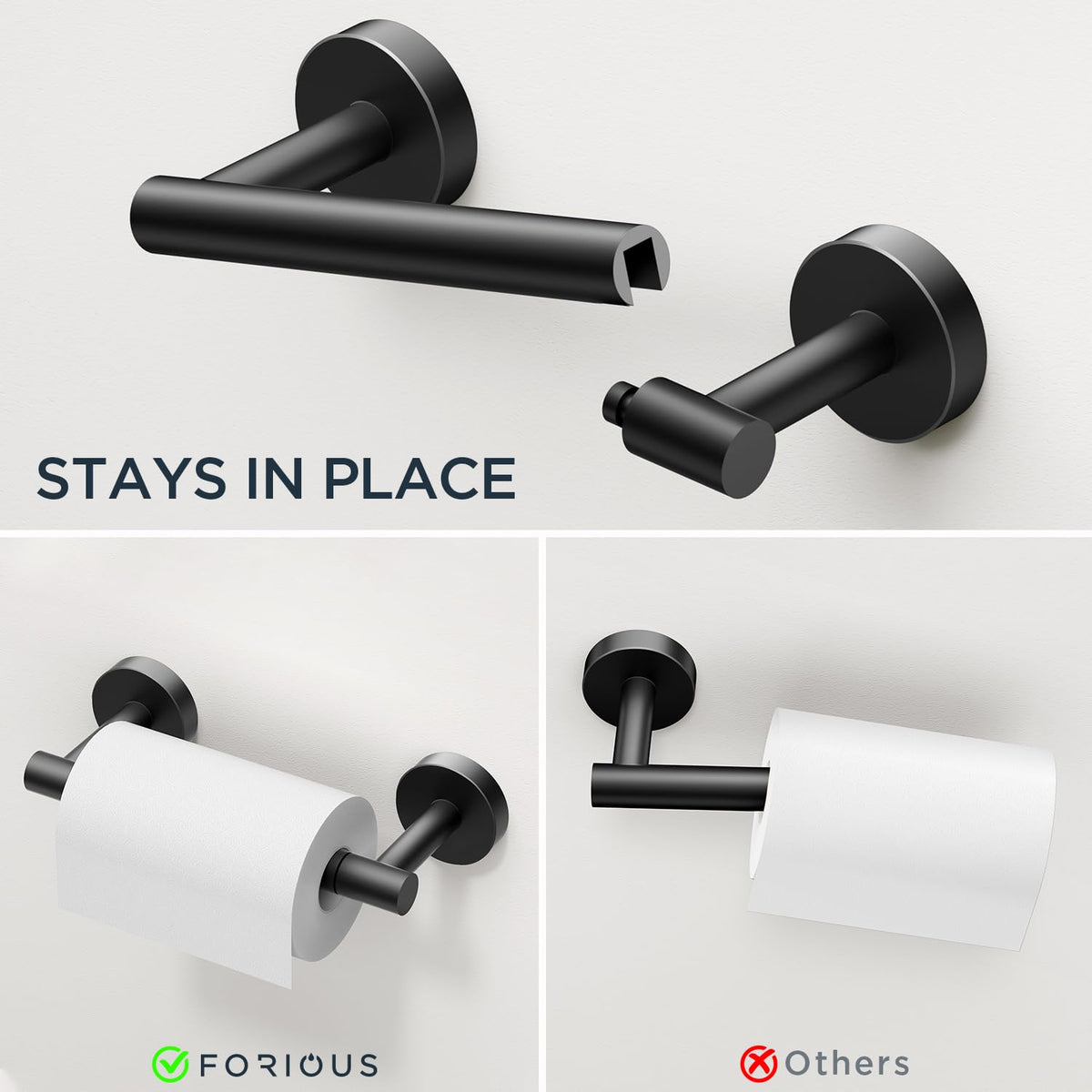 FORIOUS Matte Black Wall Mount Towel & Toilet Paper Holder - Stainless Steel NEW