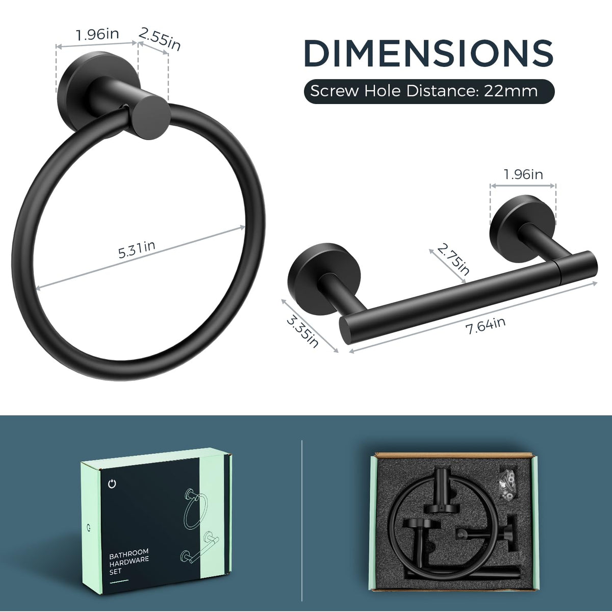 FORIOUS Matte Black Wall Mount Towel & Toilet Paper Holder - Stainless Steel NEW