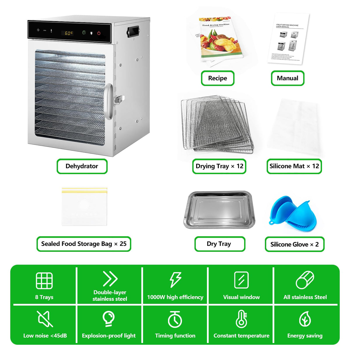 oiyocemo 12-Tray Stainless Steel Food Dehydrator - BPA-Free Silver NEW