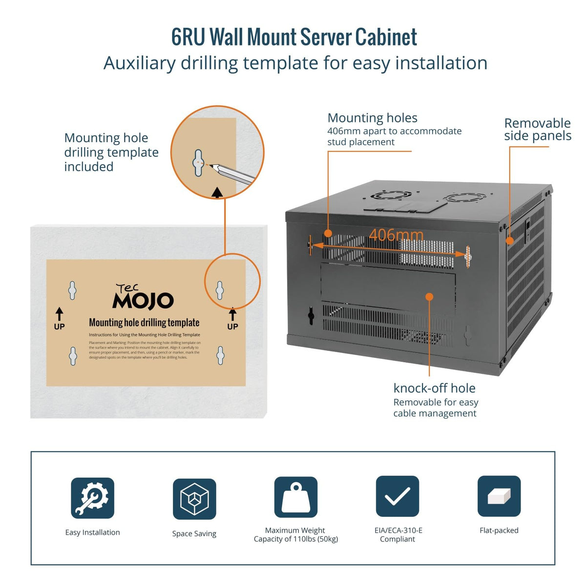 Tecmojo 6U Enclosures Wall Mount Network Cabinet Enclosure Black Mesh Door NEW
