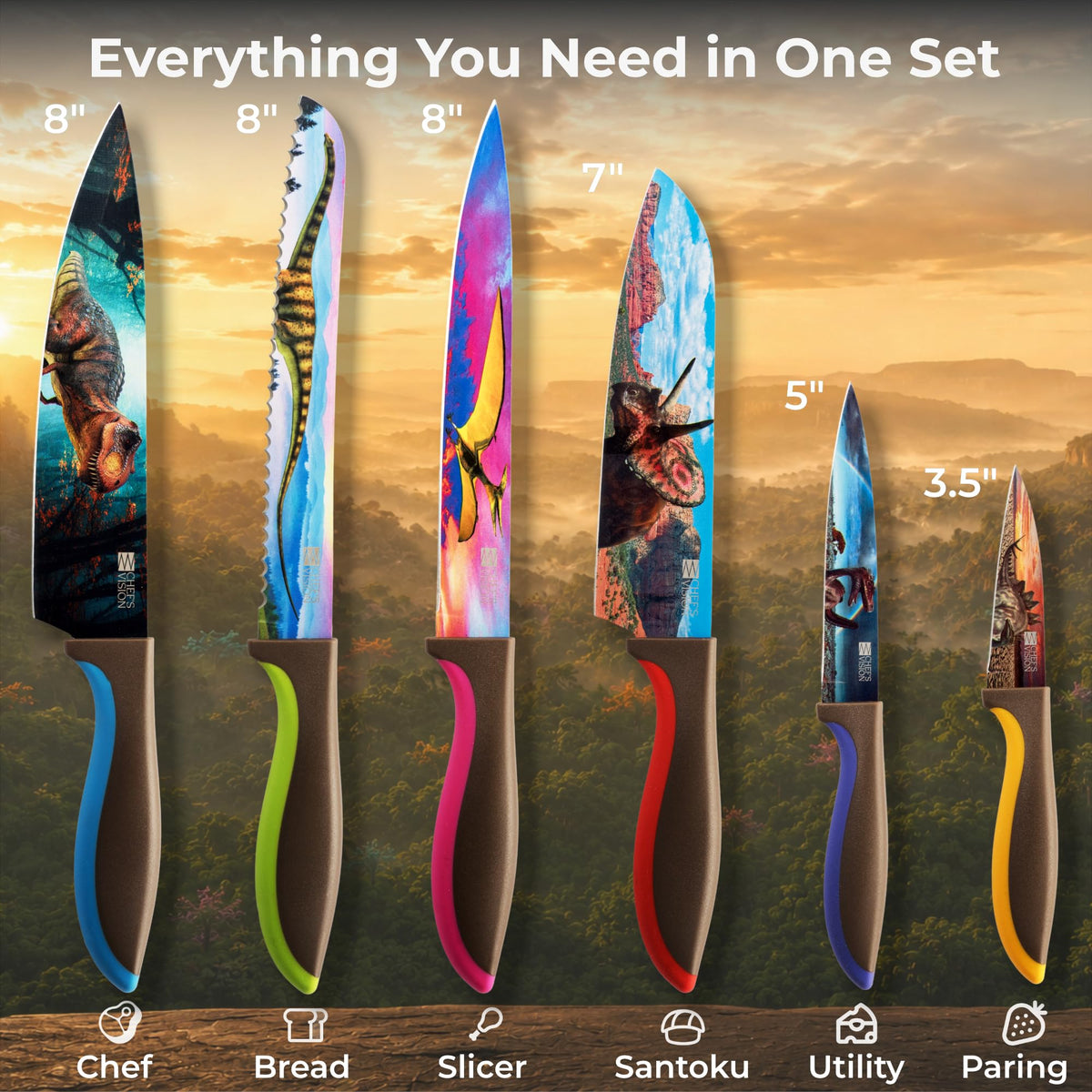 Chef's Vision 8 Inch Stainless Steel DINOSAUR Design Kitchen Knife Set NEW