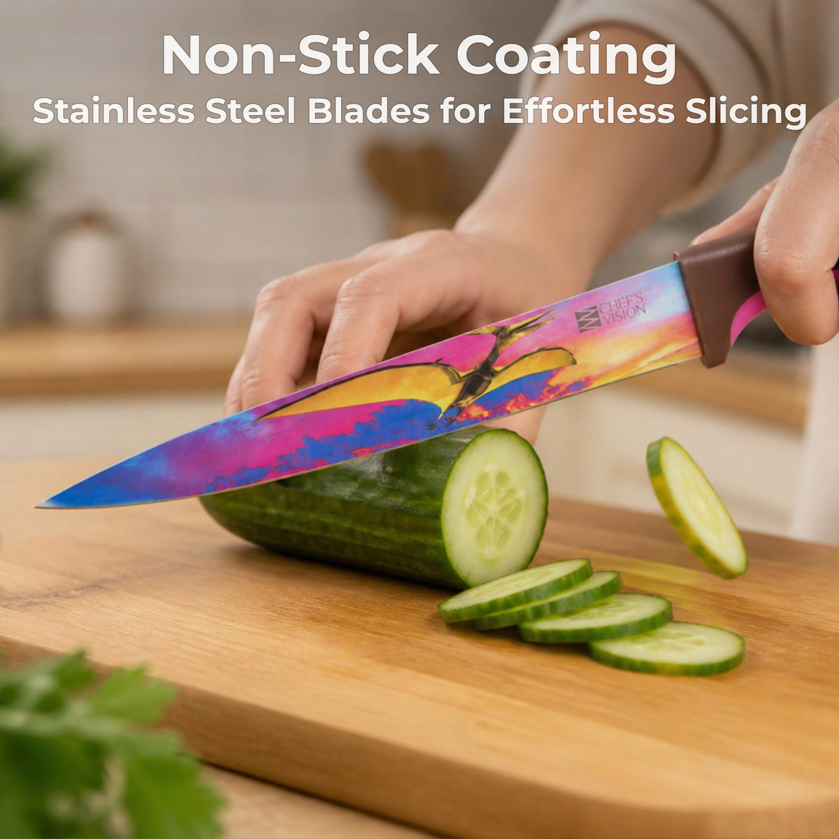 Chef's Vision 8 Inch Stainless Steel DINOSAUR Design Kitchen Knife Set NEW