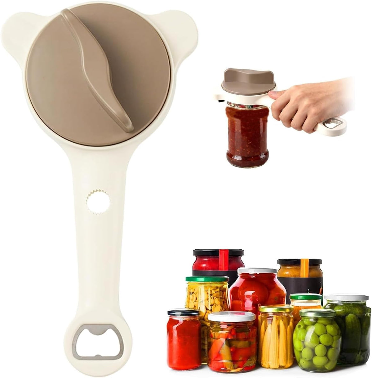 Rokuotan Manual Can Opener Adjustable Jar Lid Beige/Brown One Size NEW