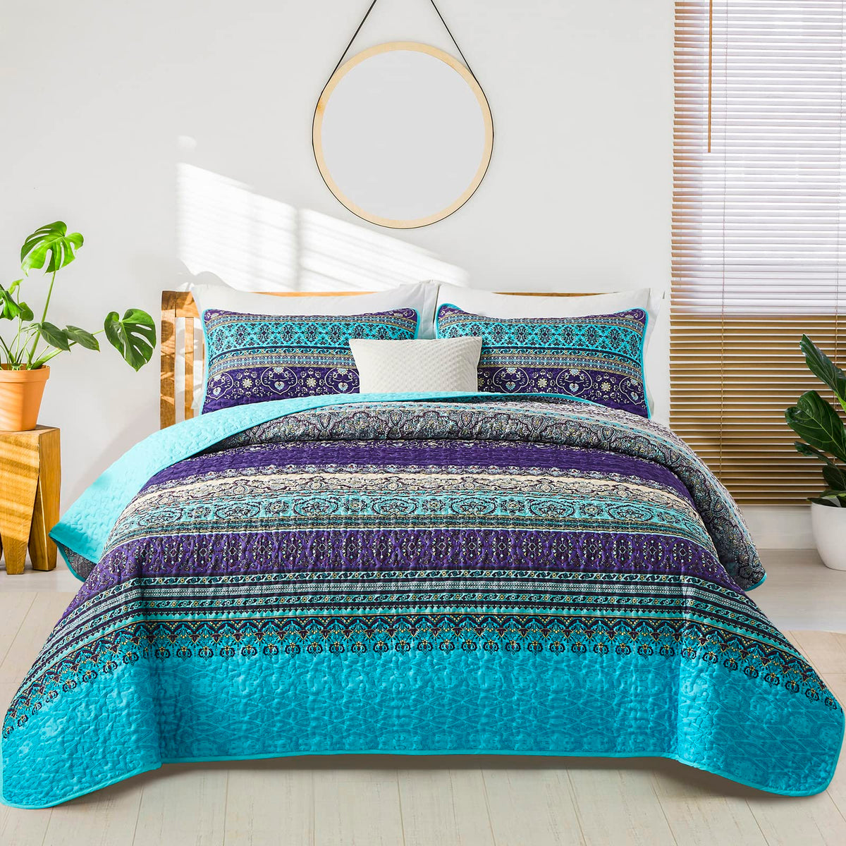 WONGS BEDDING Quilts Boho Coverlet Quilt King Size Blue Purple NEW