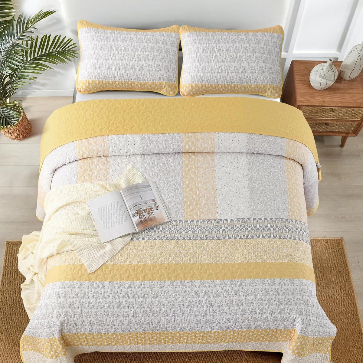WONGS BEDDING Yellow Bohemian Stripe Quilt Set 3Pce Set QUEEN Size NEW