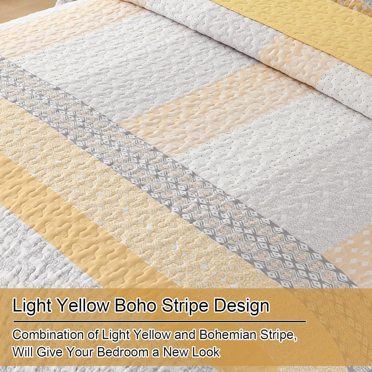 WONGS BEDDING Yellow Bohemian Stripe Quilt Set 3Pce Set QUEEN Size NEW